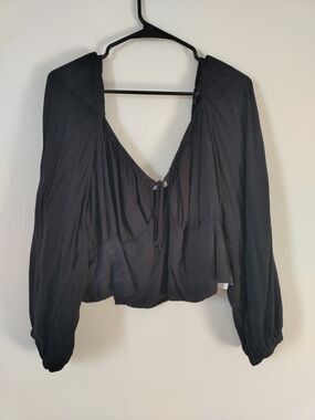 Cropped Black Peasant Blouse with Front Tie